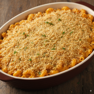A large ceramic baking dish filled with mac and cheese and topped with breadcrumbs, ready to be baked.