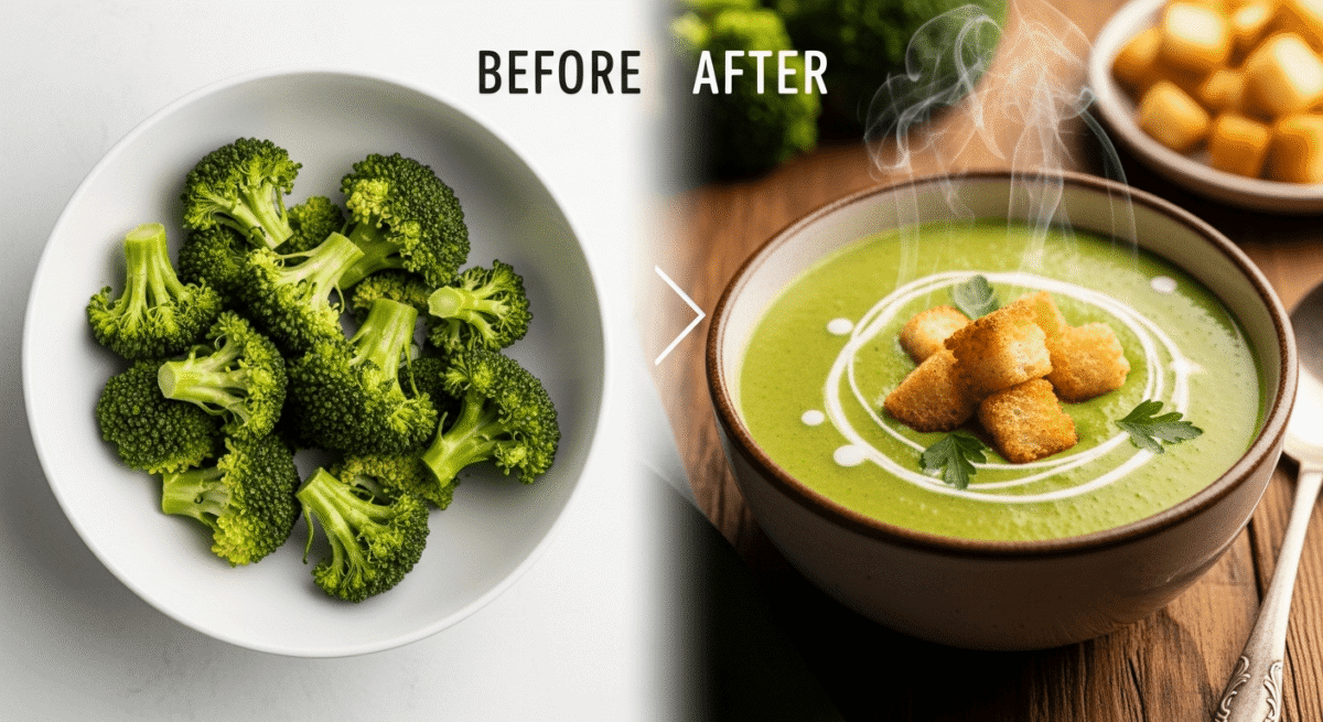 A split-screen before and after image showing a bowl of overcooked, mushy broccoli on the left and the same broccoli transformed into a vibrant, creamy green soup, garnished with croutons and a swirl of cream, on the right.