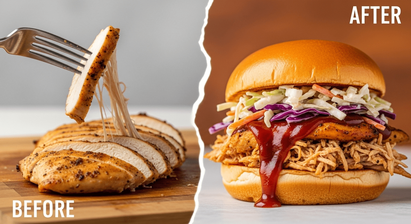 A split-screen before and after image showing a dry, overcooked chicken breast on the left and the same chicken transformed into a delicious, saucy shredded BBQ chicken sandwich on the right.