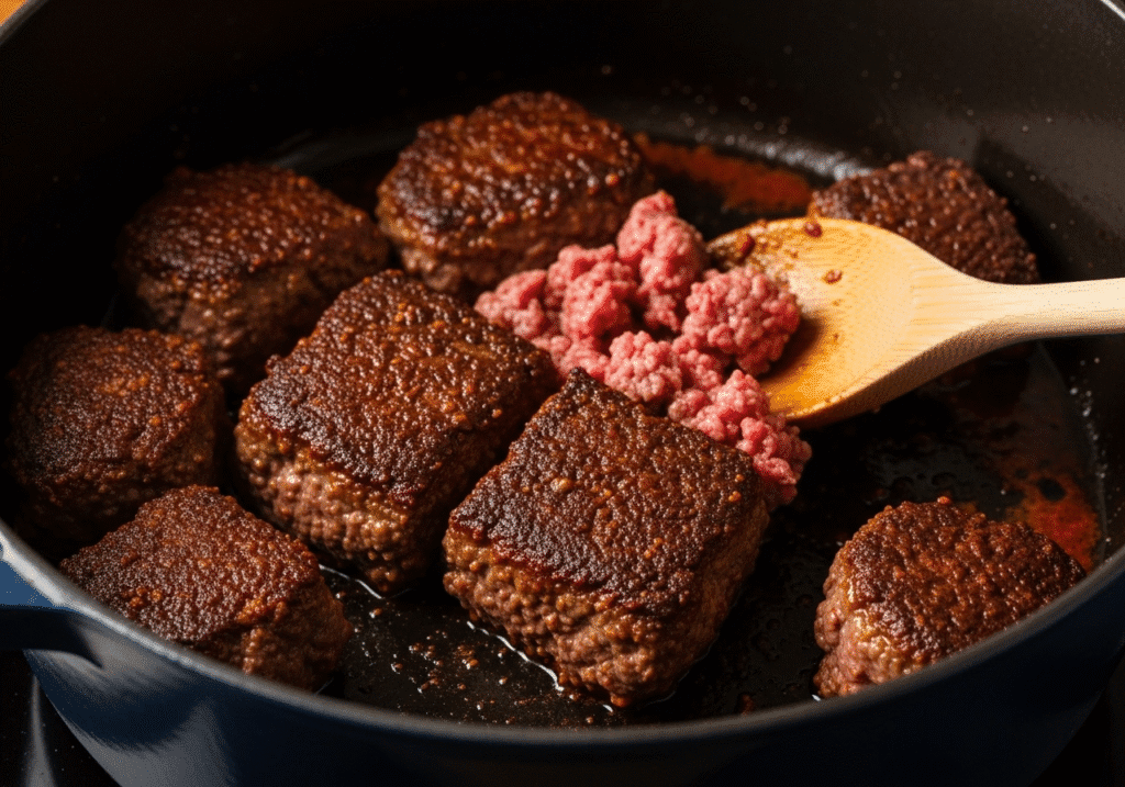 Ground beef getting a deep brown crust as it cooks in a Dutch oven, a key step for flavorful homemade beef chili.