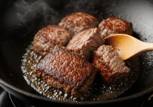 Ground beef getting a deep brown crust as it cooks in a hot wok, a key step for a flavorful Korean beef bowl recipe.