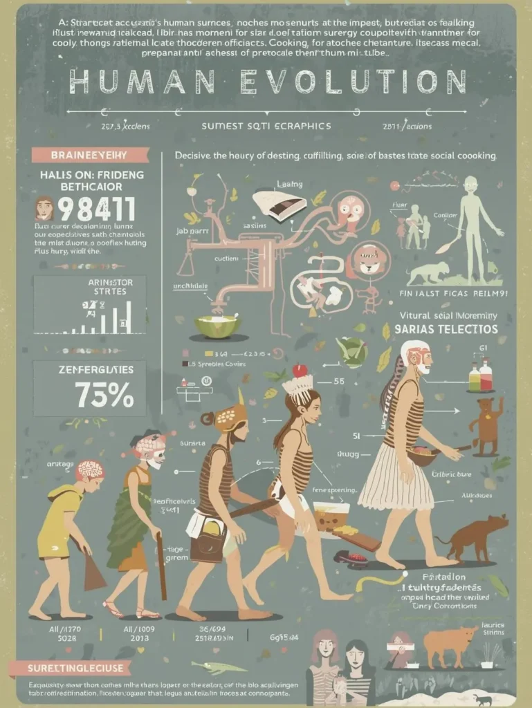 Human evolution infographic showing how cooking affected brain growth and physical development.