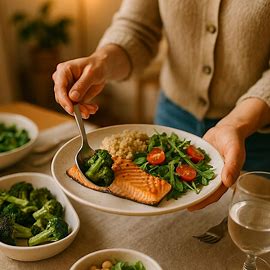 A person serving a healthy and delicious quinoa salad, representing the joyful and stress-free cooking promised by Kitchen Rescue Tips.
