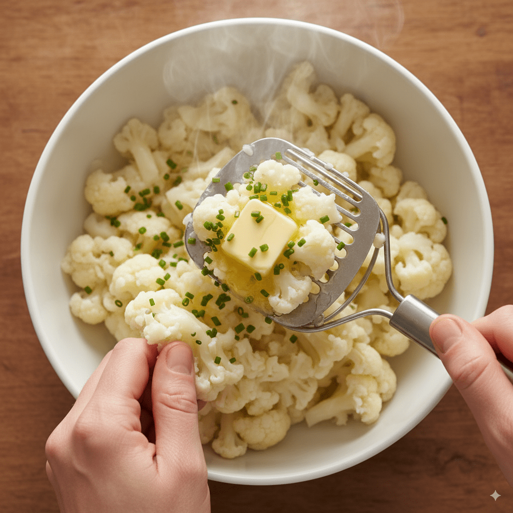 Overcooked cauliflower being mashed with butter and chives in a bowl to create a savory vegetable mash.