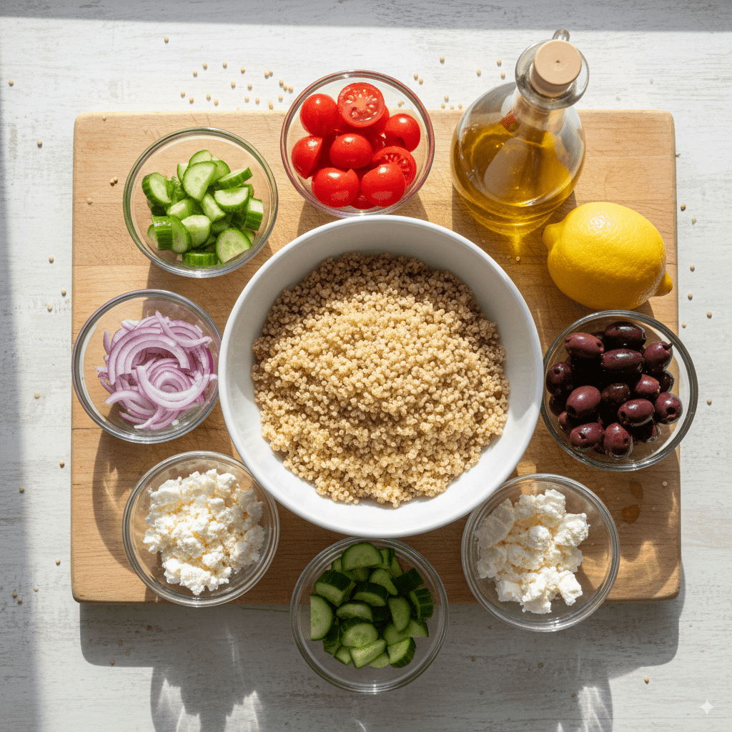 Overhead view of the fresh ingredients for a Mediterranean bowl, including quinoa, chickpeas, tomatoes, and cucumber in small bowls.