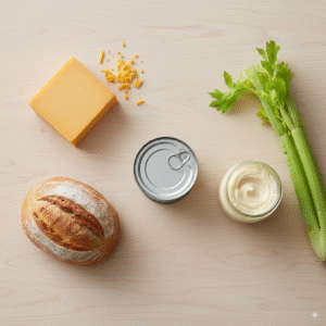Overhead-view-of-the-ingredients-for-a-tuna-melt-canned-tuna-sourdough-bread-a-block-of-cheddar-cheese-and-mayonnaise.