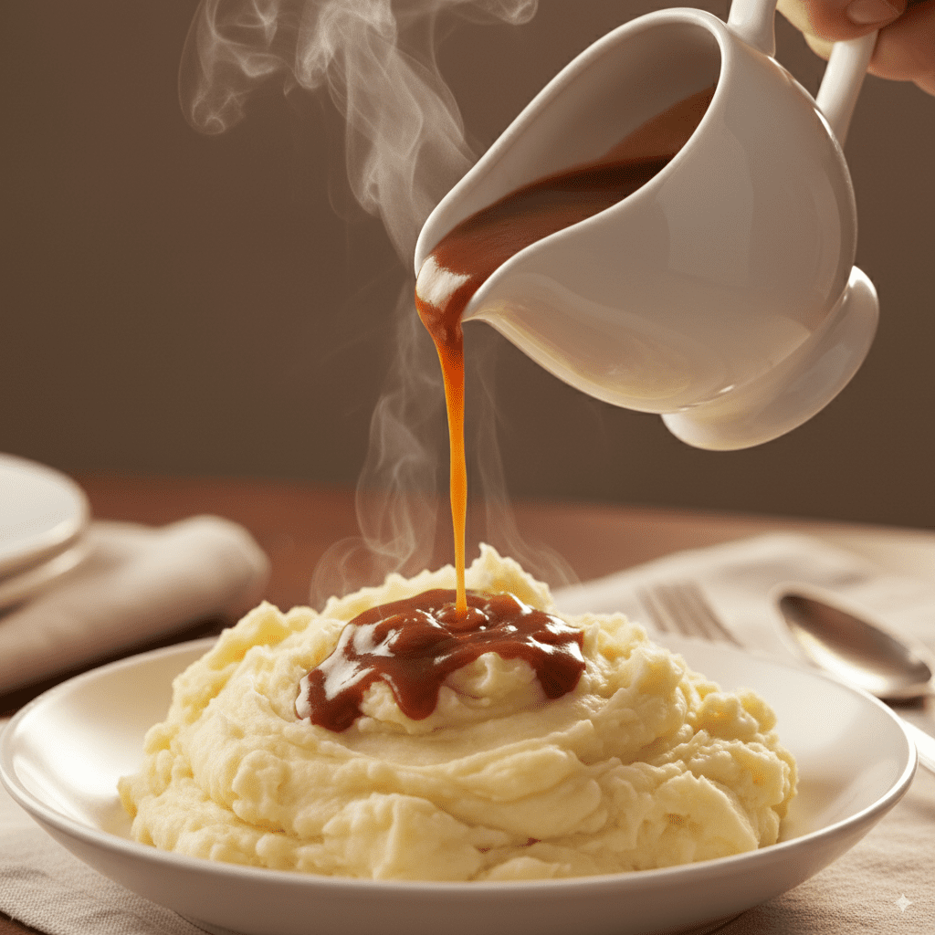 Rich, smooth brown gravy being poured from a white gravy boat onto a fluffy pile of mashed potatoes.