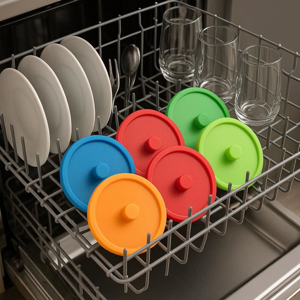 Several colorful silicone lids placed neatly on the top rack of a dishwasher, showing that they are dishwasher safe.