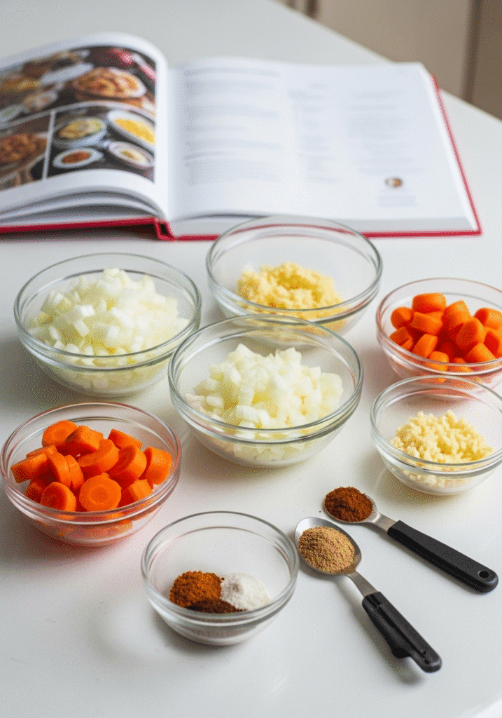 Several small glass bowls on a counter containing pre-chopped and measured ingredients, showing a perfect "mise en place."