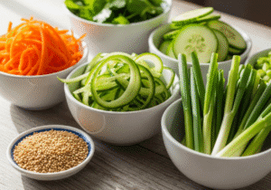 Several small white bowls filled with a colorful variety of fresh toppings for a Korean beef bowl, like carrots, cucumbers, and scallions.