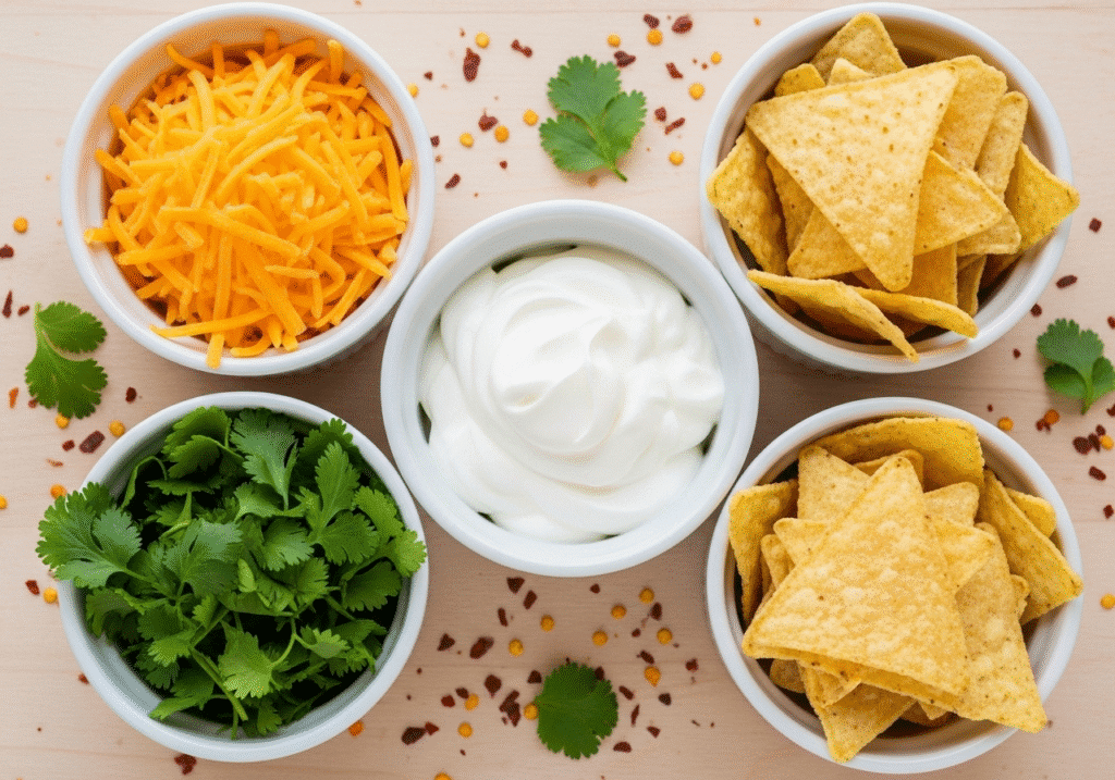 Several small white bowls filled with a colorful variety of the best toppings for chili, like cheese, sour cream, and cilantro.