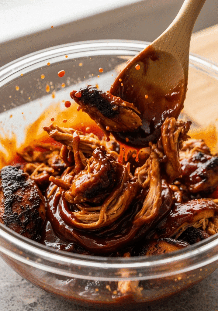 Shredded cooked chicken being tossed with a generous amount of BBQ sauce in a glass bowl, rescuing it from being dry.