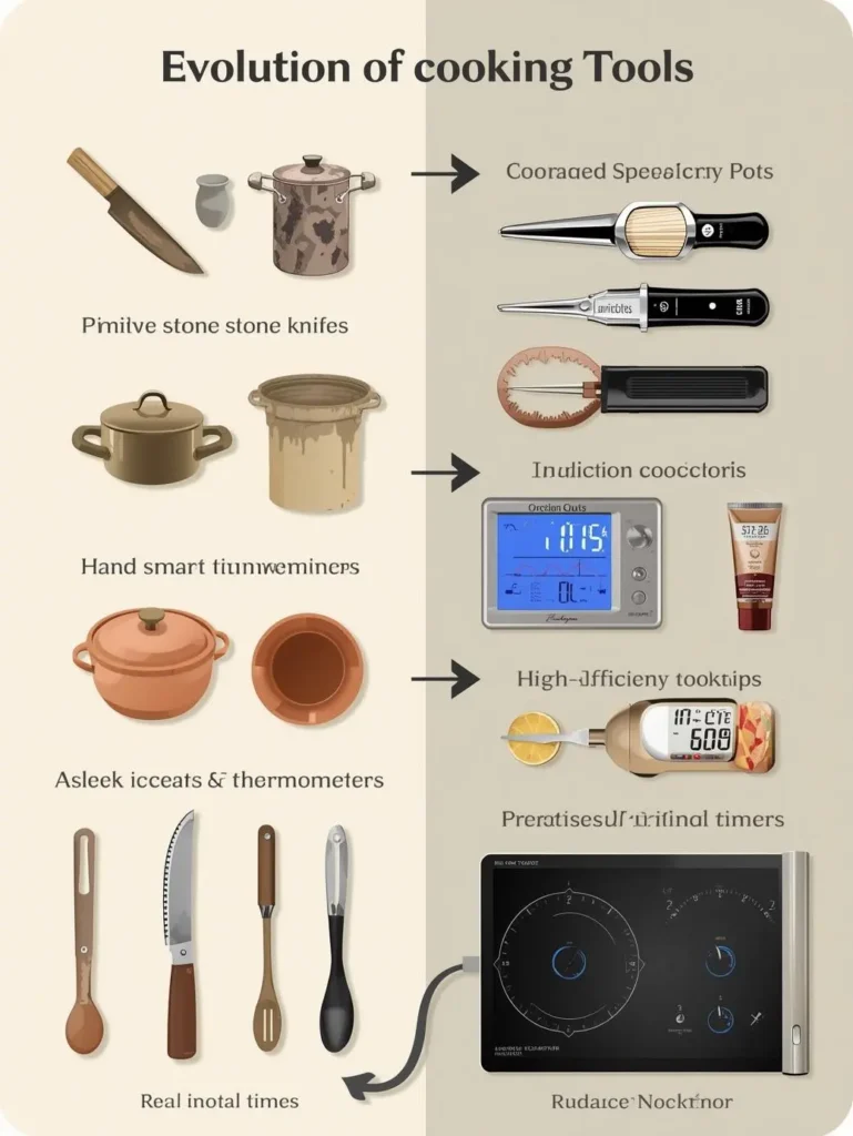 Side-by-side comparison of prehistoric cooking tools versus modern smart kitchen equipment .