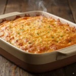The-finished-healthier-chicken-and-rice-casserole-in-its-baking-dish-fresh-from-the-oven-with-a-golden-brown-and-bubbly-cheese-topping.