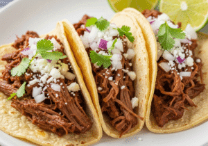 Three delicious barbacoa beef tacos in corn tortillas, topped with fresh onion, cilantro, and cotija cheese.