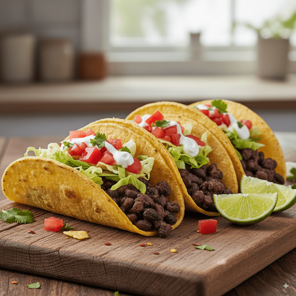 Three delicious black bean tacos on a rustic wooden board, filled with a savory bean mixture and topped with fresh lettuce and tomato.