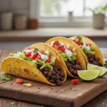 Three-delicious-black-bean-tacos-on-a-rustic-wooden-board-filled-with-a-savory-bean-mixture-and-topped-with-fresh-lettuce-and-tomato.