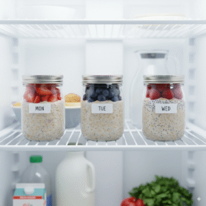  Three glass jars of prepared overnight oats lined up in a refrigerator, ready for a week of easy breakfasts.