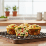 Three healthy breakfast egg muffins on a cooling rack, with one broken in half to show the fluffy inside with spinach and peppers.