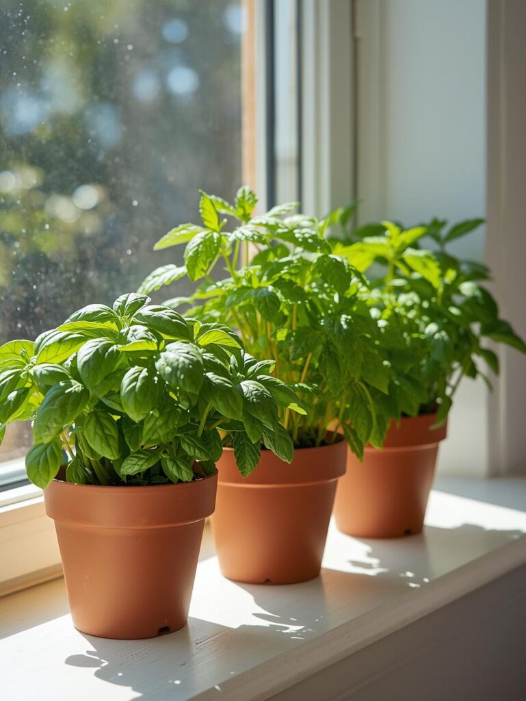Three simple terracotta pots on a sunny windowsill, showing an easy beginner's herb garden with fresh basil, parsley, and mint.
