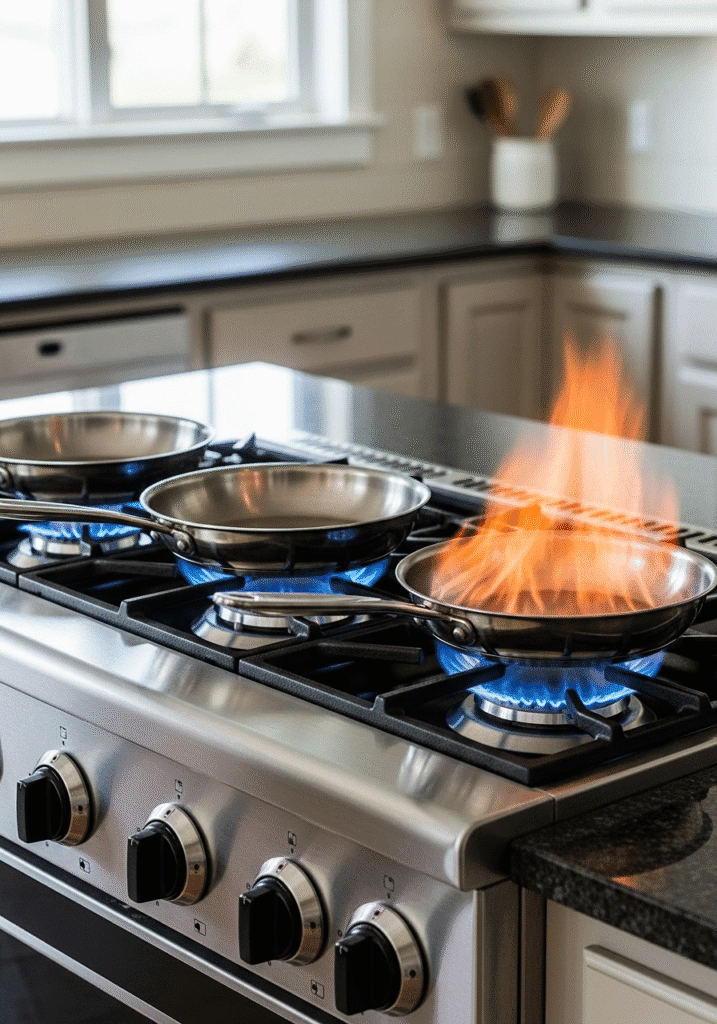 Three stove burners demonstrating low, medium, and high heat settings.