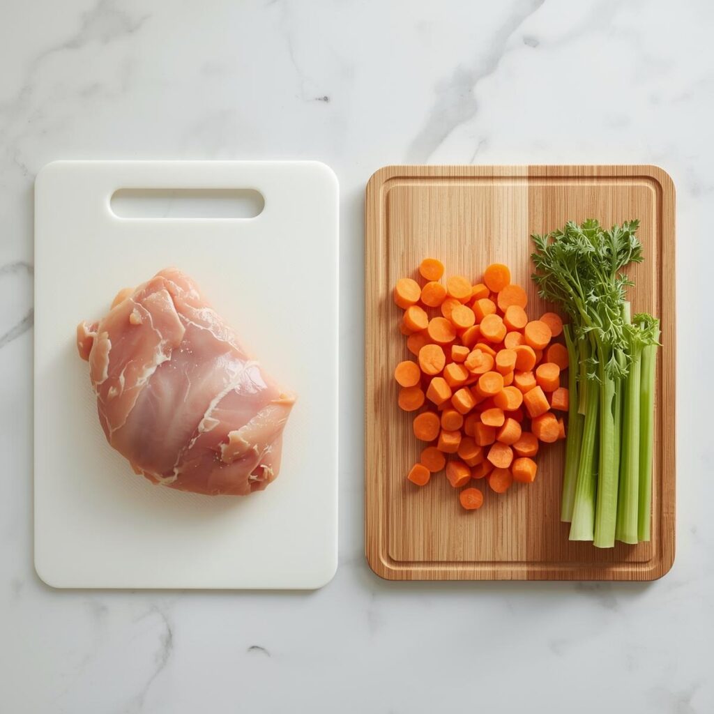 Two cutting boards on a counter showing how to prevent cross-contamination: one plastic board for raw chicken and a separate wooden board for vegetables.