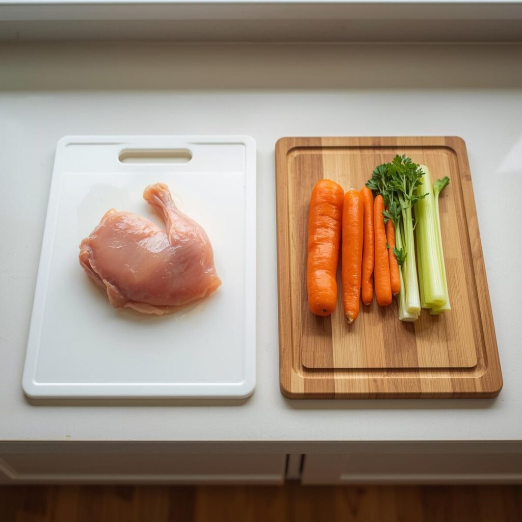 Two cutting boards on a counter showing proper kitchen hygiene: one plastic board for raw chicken and a separate wooden board for vegetables.