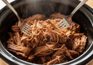 Two forks easily shredding the incredibly tender, finished slow cooker barbacoa beef directly in the pot.