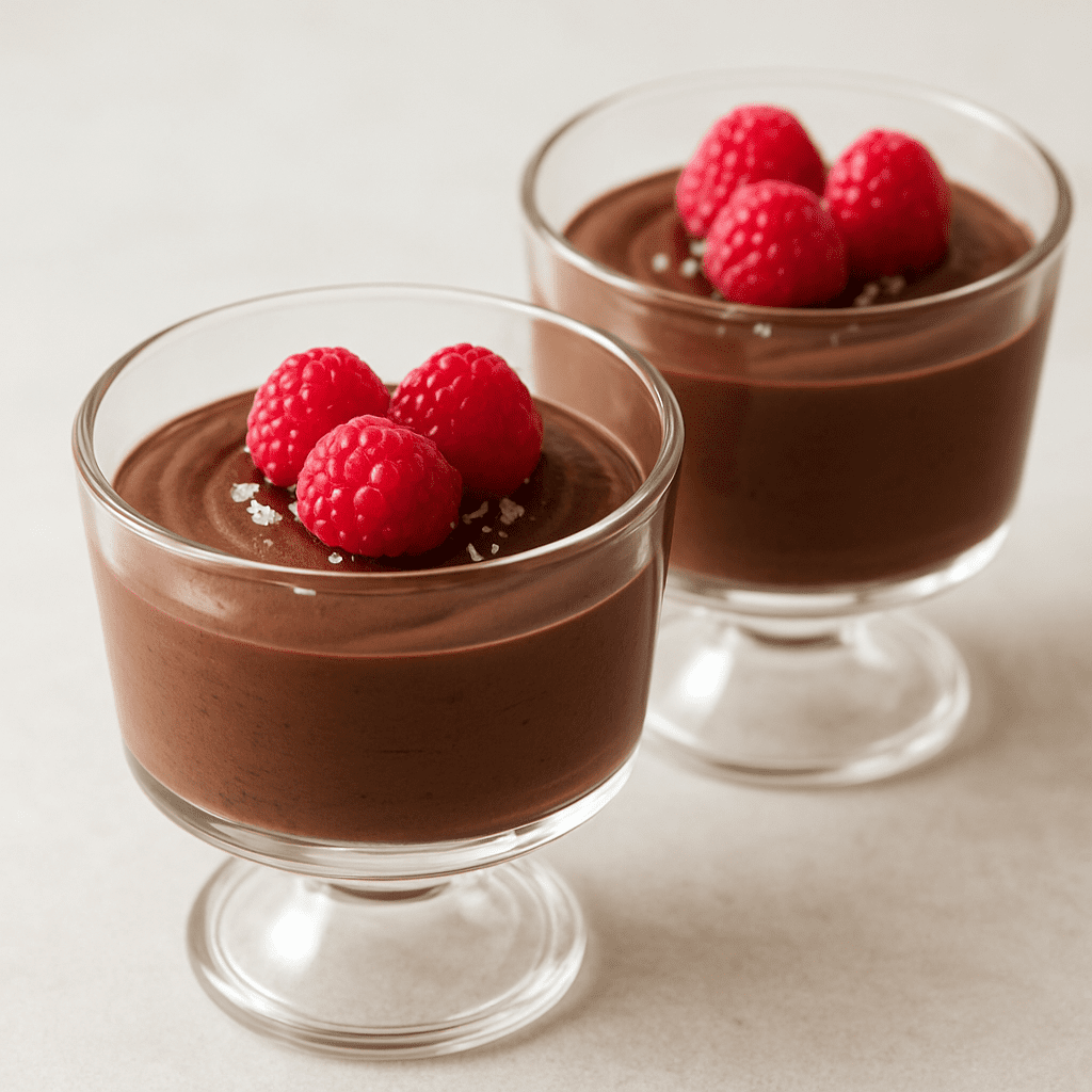 Two small dessert glasses filled with healthy chocolate avocado mousse, each garnished with fresh raspberries.
