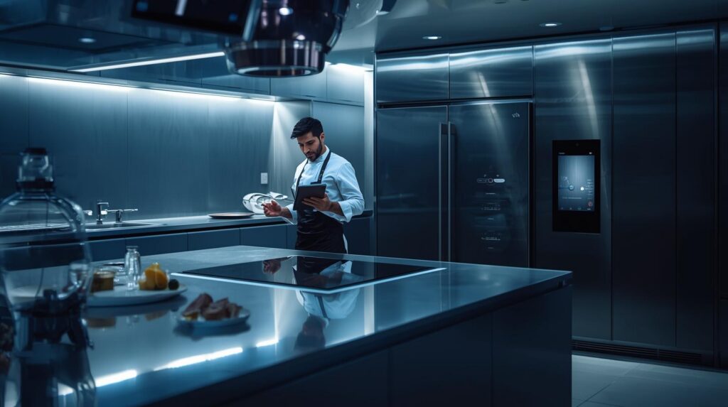 Modern chef using smart kitchen technology including tablet controls and precision cooking equipment.