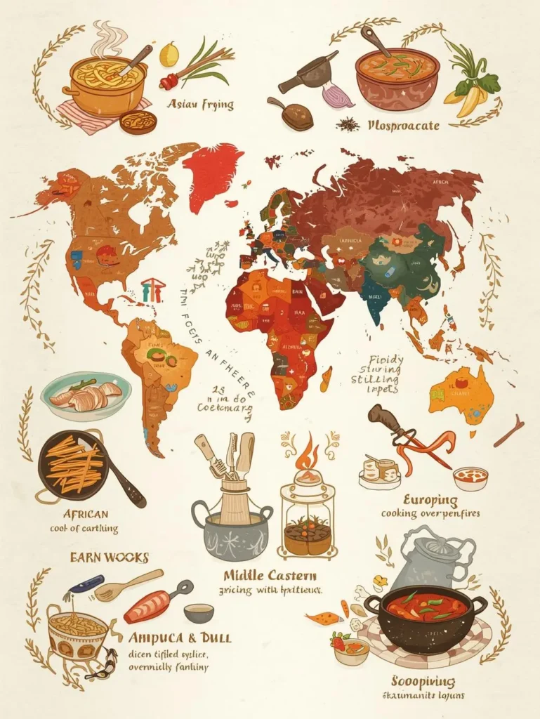 World map showing traditional cooking methods and signature dishes by global region ,