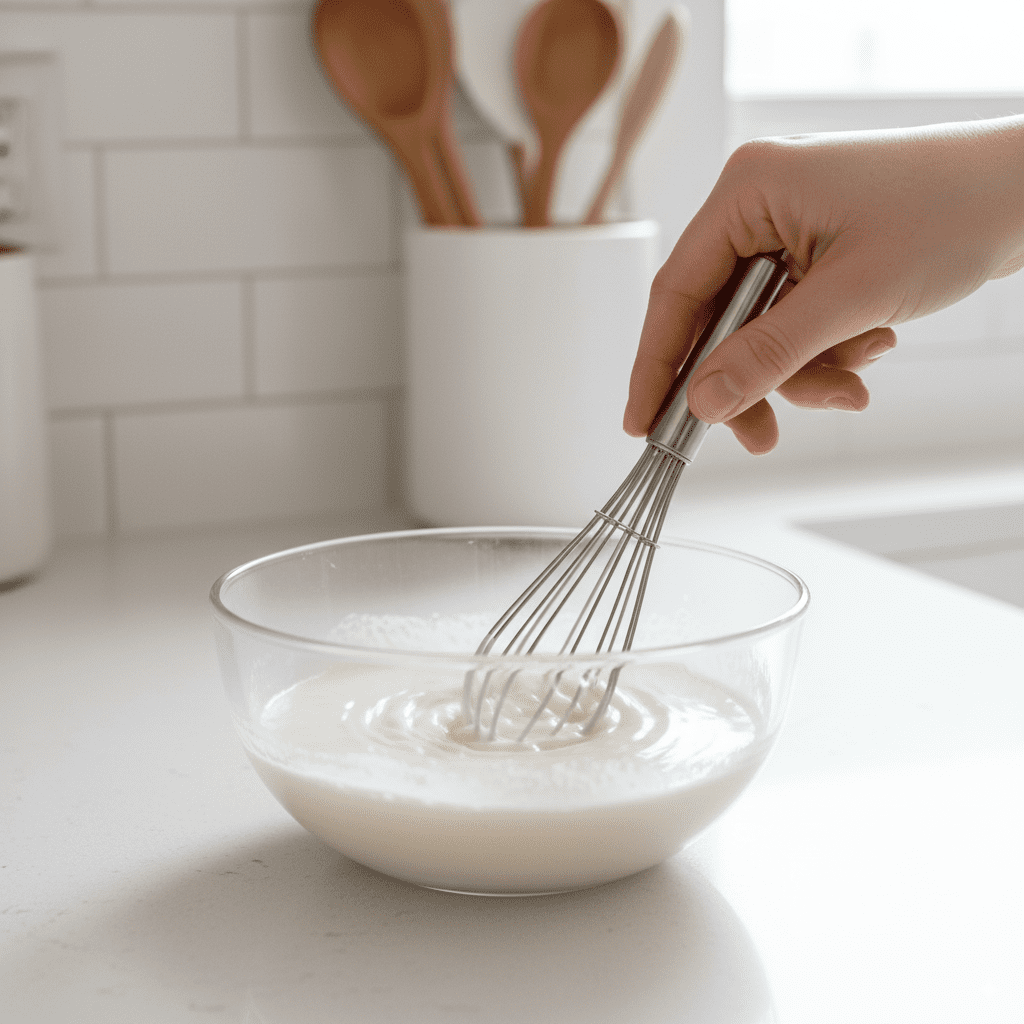 hand using a small whisk to mix a cornstarch slurry in a glass bowl, a quick way to thicken a sauce.
