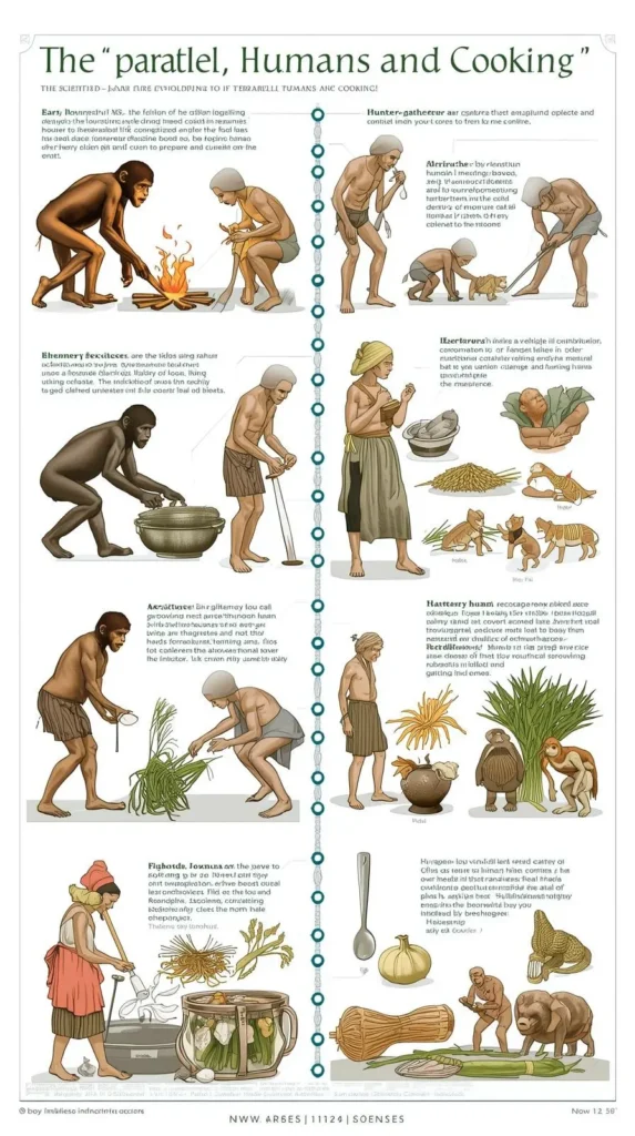 Parallel illustration showing human evolution alongside cooking method development .