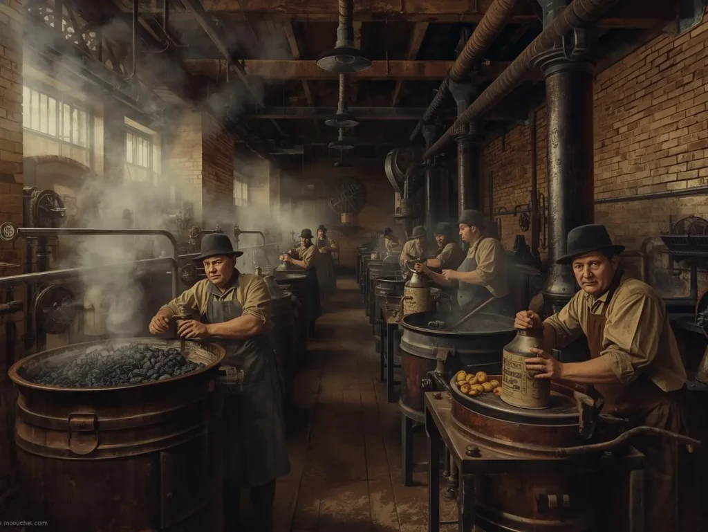 Industrial revolution workers operating steam-powered canning equipment in factory kitchen. 