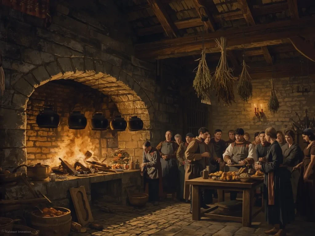  Medieval castle kitchen with servants cooking over stone fireplace using iron pots and tools.