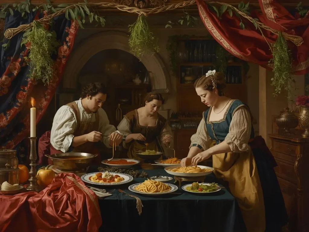 Renaissance Italian cooks making fresh pasta and elaborate sauces in ornate kitchen setting.