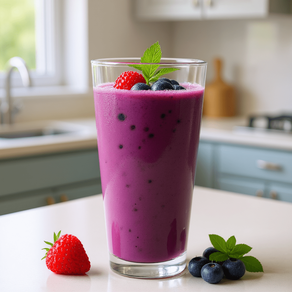 vibrant purple superfood smoothie in a tall glass, garnished with fresh berries and a mint leaf on a sunlit counter.