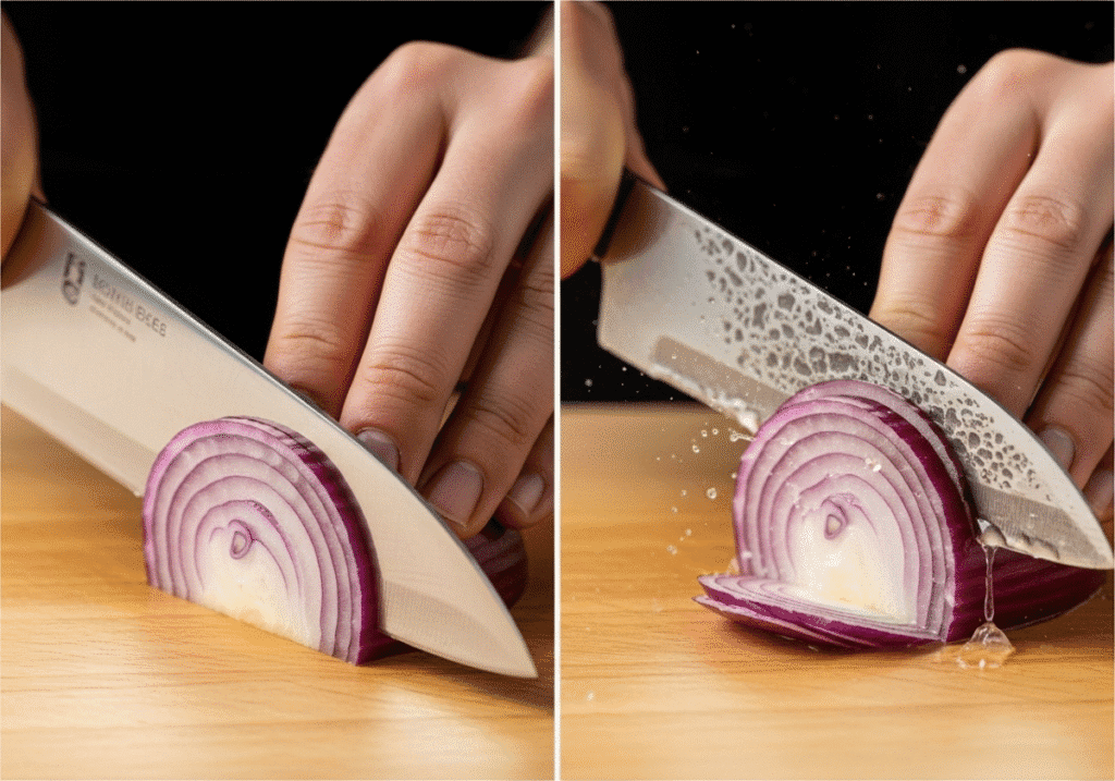 A comparison shot showing the clean cut of a sharp knife on an onion versus the crushing damage of a dull knife.