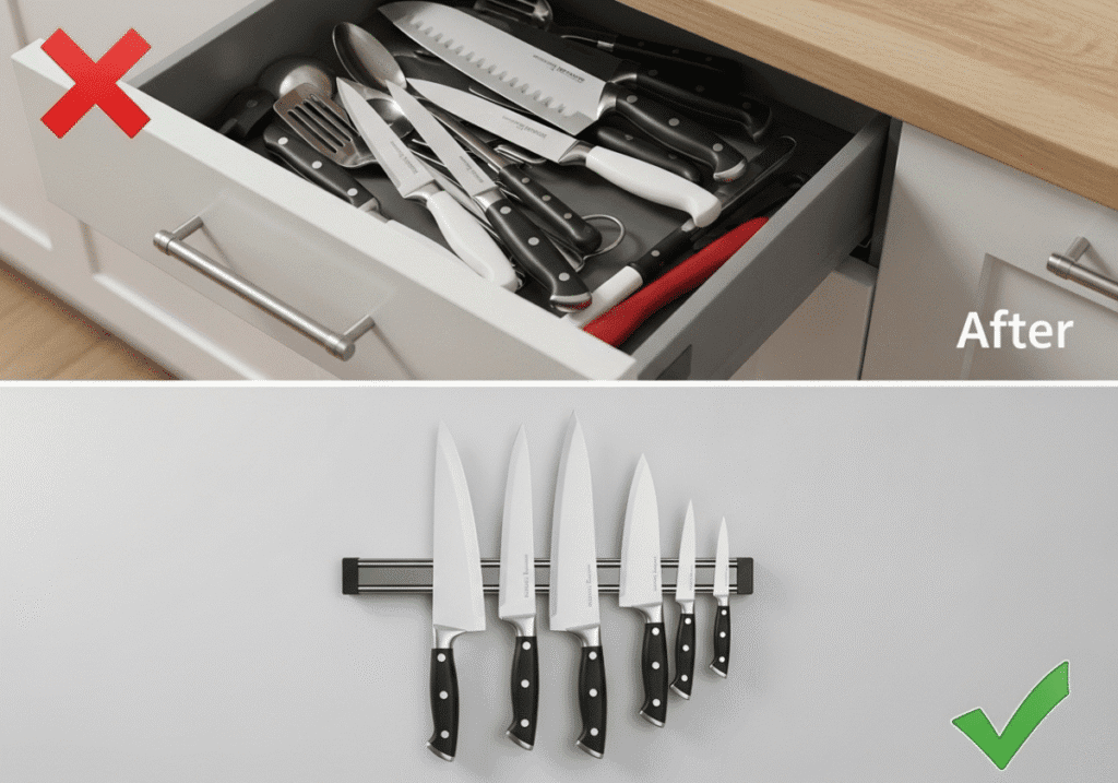 A comparison shot showing the wrong way to store knives (a messy drawer) versus the right way for proper knife maintenance (a magnetic knife holder).