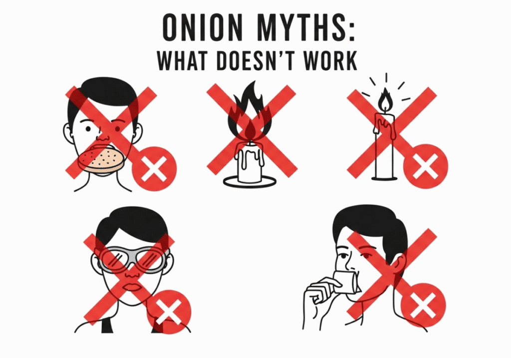 A fun infographic debunking common myths about how to stop crying while chopping onions.