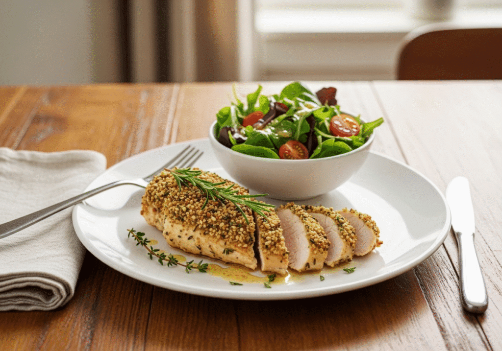 A healthy dinner plate of quick herb-crusted chicken served with a simple and fresh side salad.