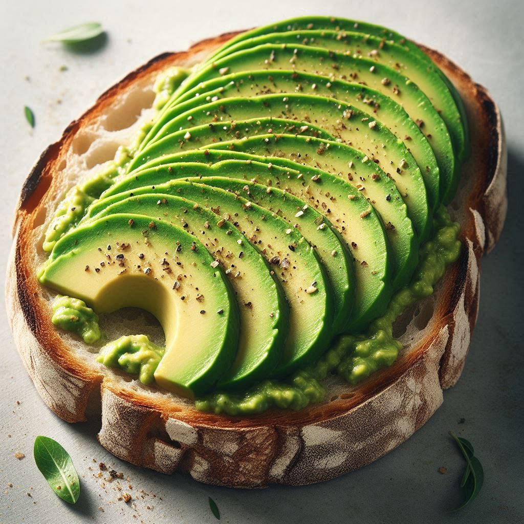 A perfect slice of avocado toast, topped with a beautiful fan of uniform slices made with the best avocado slicer.