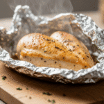 A perfectly cooked, sliced, no-fail juicy chicken breast on a cutting board, with an instant-read thermometer showing it is perfectly cooked.
