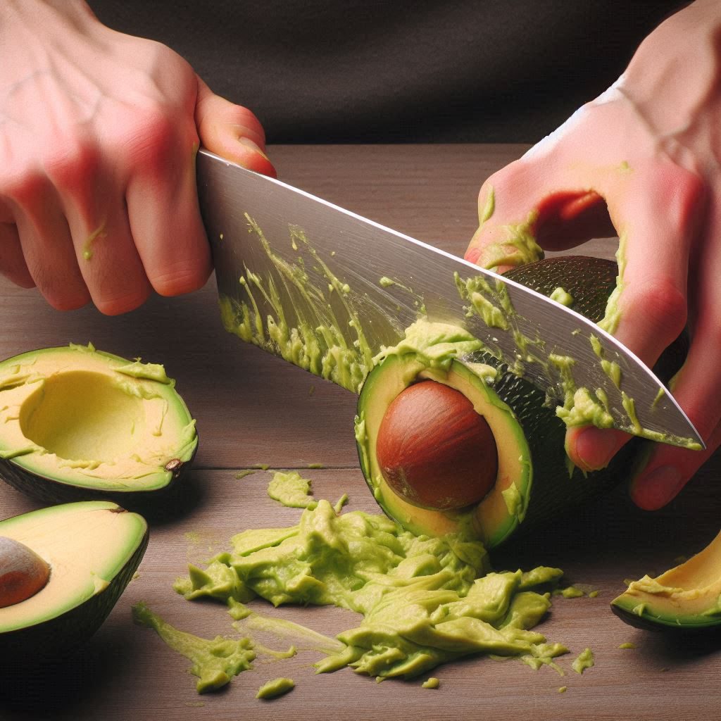 A person awkwardly trying to remove an avocado pit with a large knife, showing the frustrating and messy way of prepping avocados by hand.