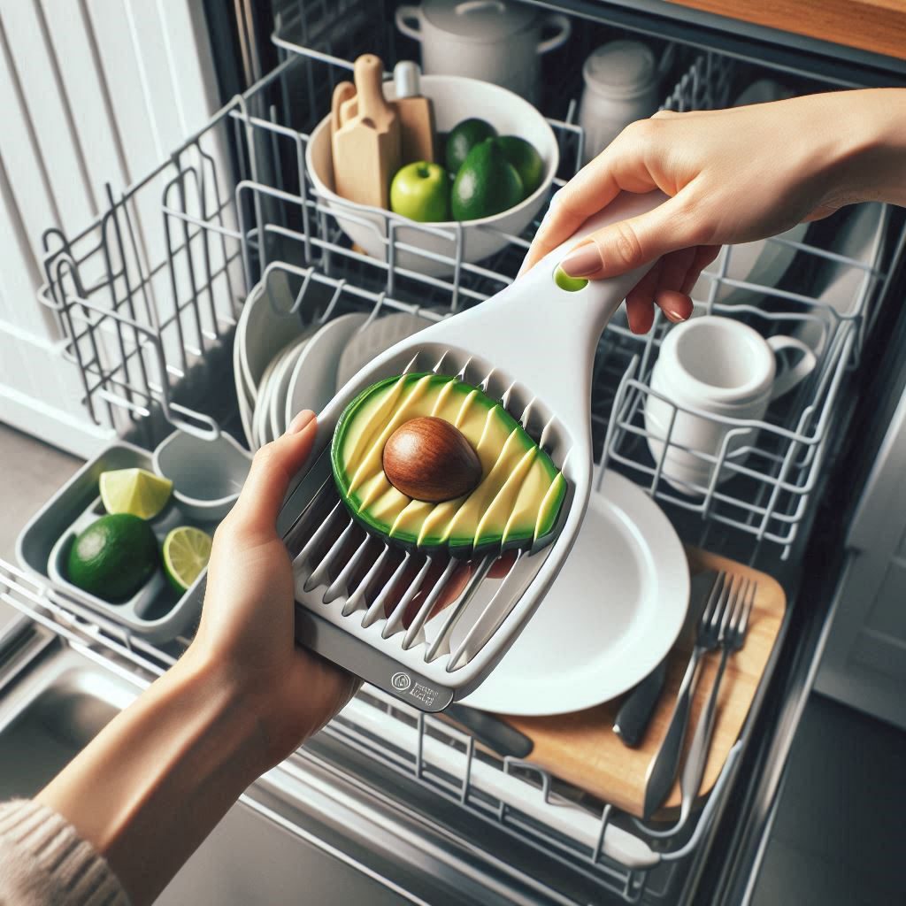 A person placing their avocado slicer on the top rack of a dishwasher, showing that it is truly dishwasher safe.