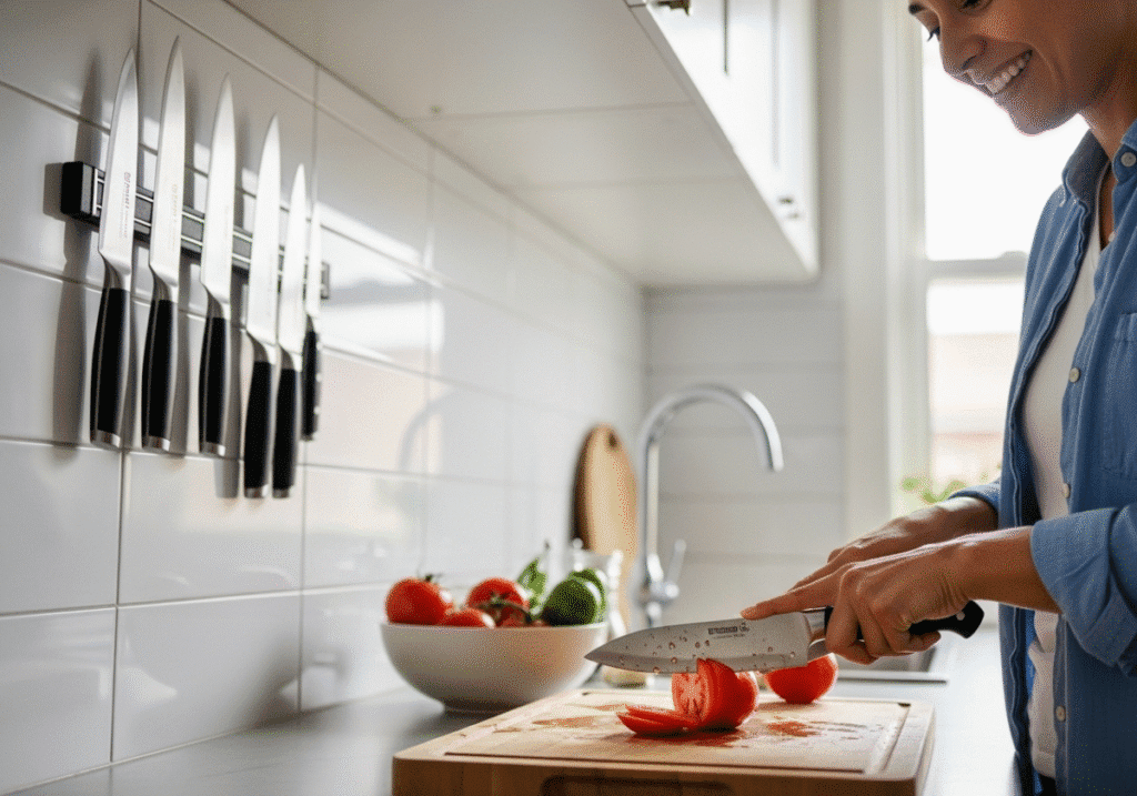 A person smiling as their perfectly sharp knife, maintained with proper knife maintenance, glides effortlessly through a tomato.