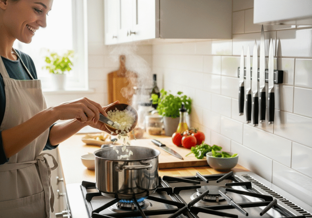 A person smiling in their organized kitchen as they add perfectly diced onions to a pot, no longer crying.