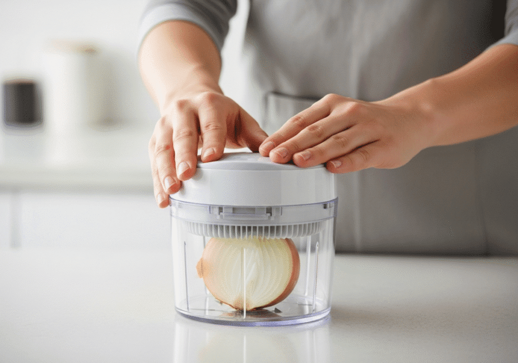 A person using a vegetable chopper easy to clean to chop an onion, a fast and tear-free method.