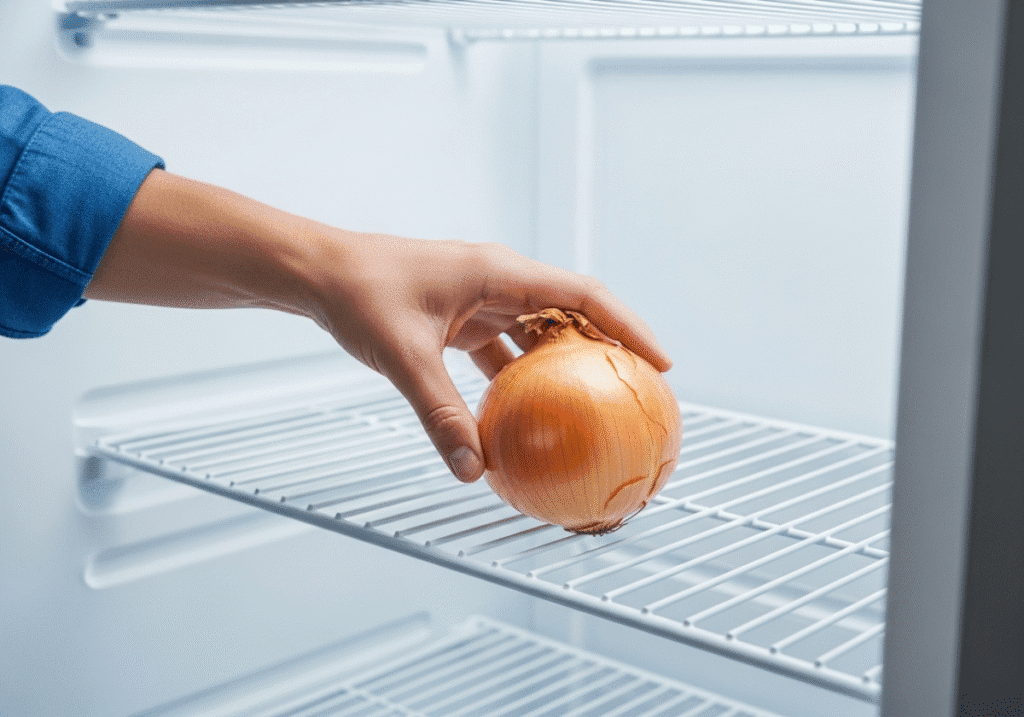  A person's hand placing a whole onion in the freezer for 15 minutes, a simple trick to stop crying while chopping onions.