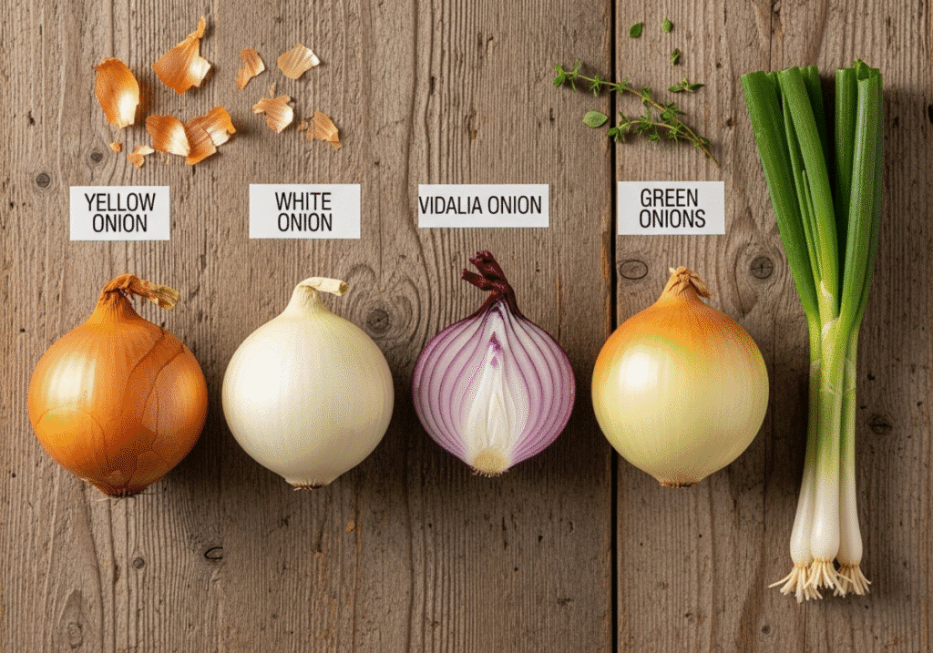 A photo showing a variety of different onions, from a strong yellow onion to a mild sweet onion and green onions.